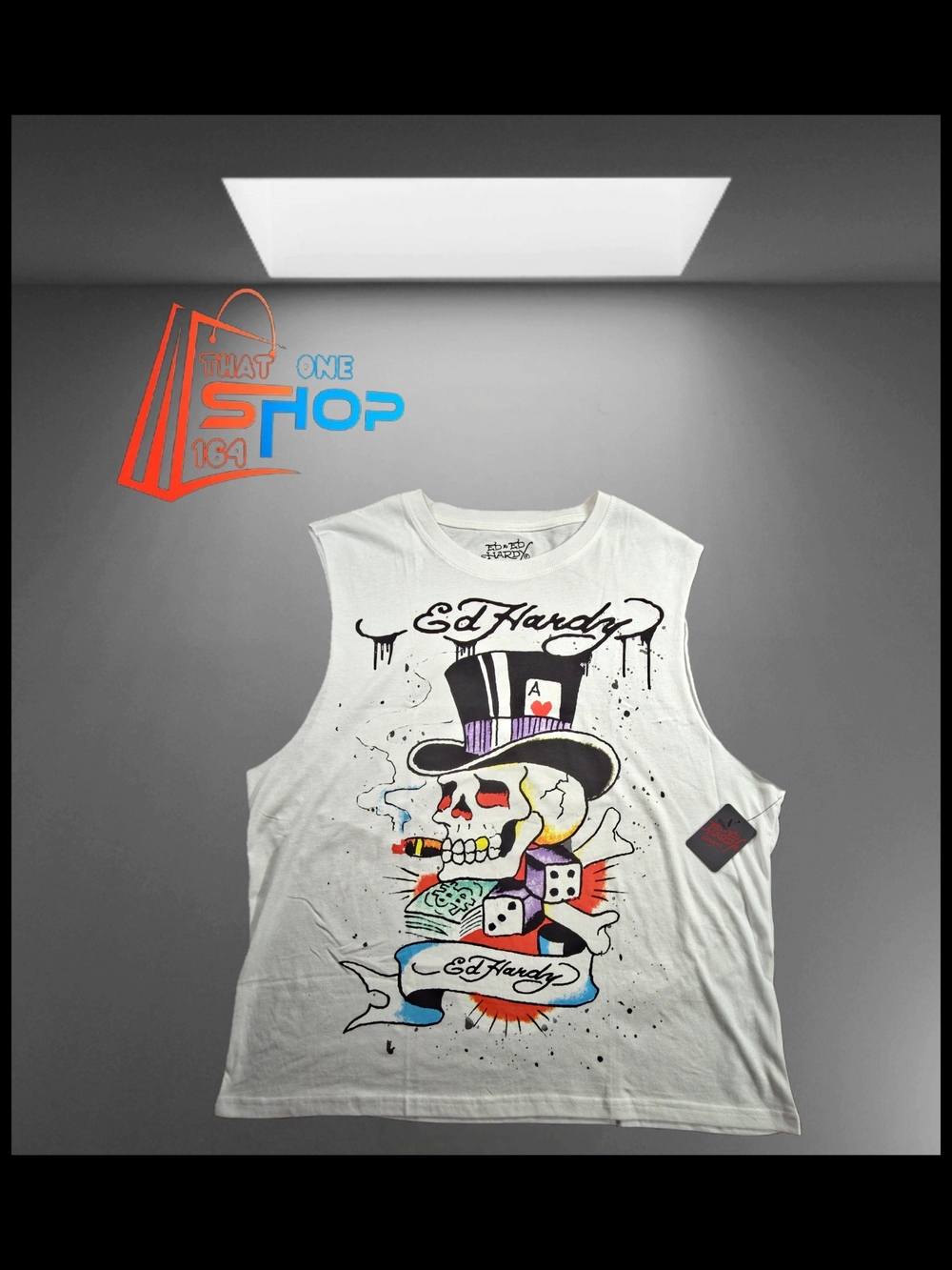 Ed Hardy Men's Skull Top Hat White Sleeveless Tank Top Size XL